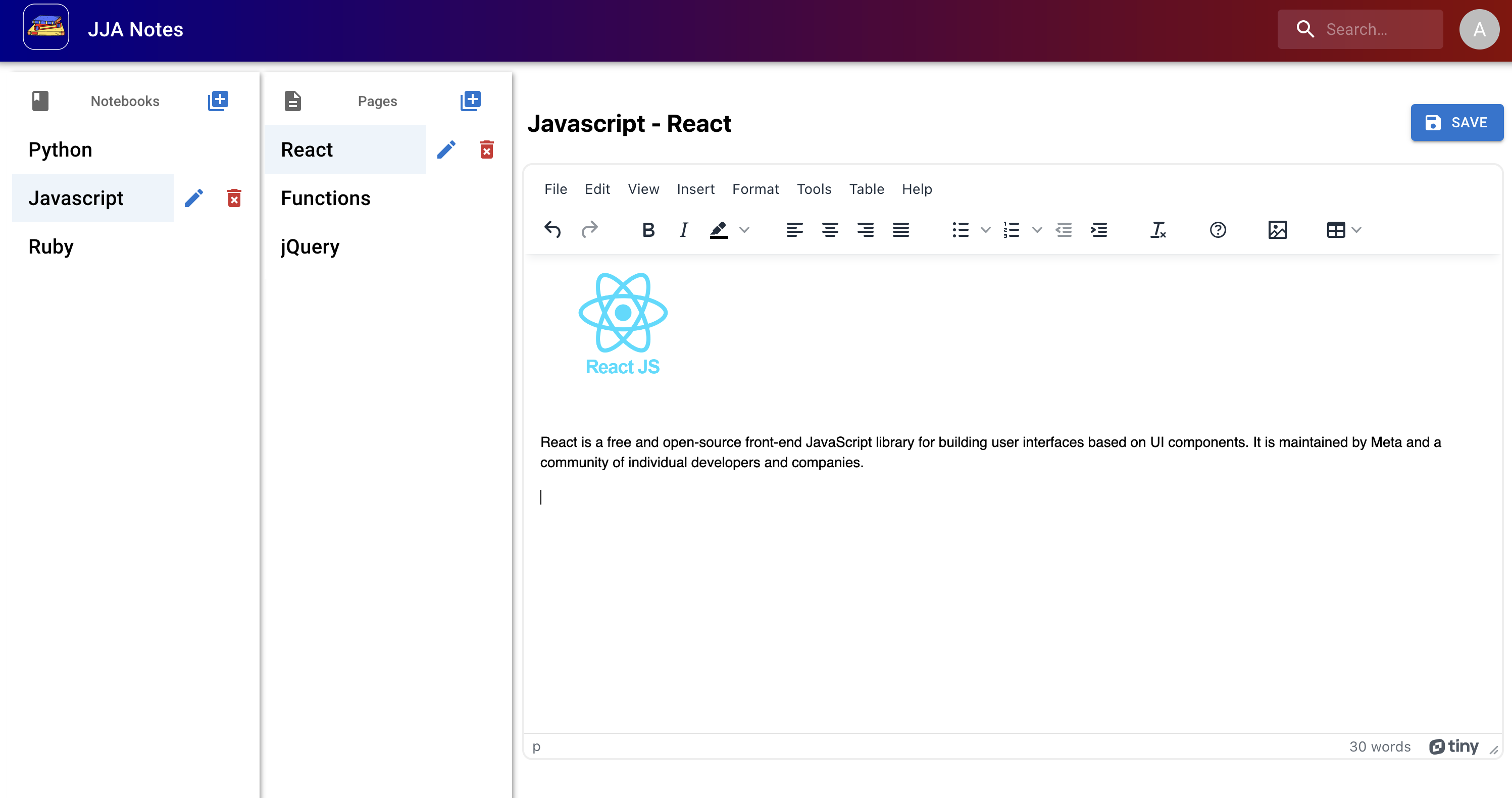 JJA Notes interface